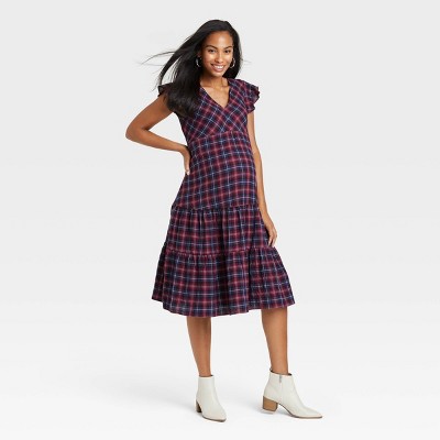 The Nines by HATCH™ Short Sleeve Tiered Maternity Dress - Berry Purple Plaid XS