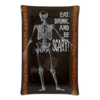 tagltd Eat, Drink, and Be Scary! Skeleton Halloween Themed Glass Serving Platter, 7.5L x 11.7W"