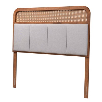 Esti Gray Upholstered Walnut Wood Queen Headboard with Rattan