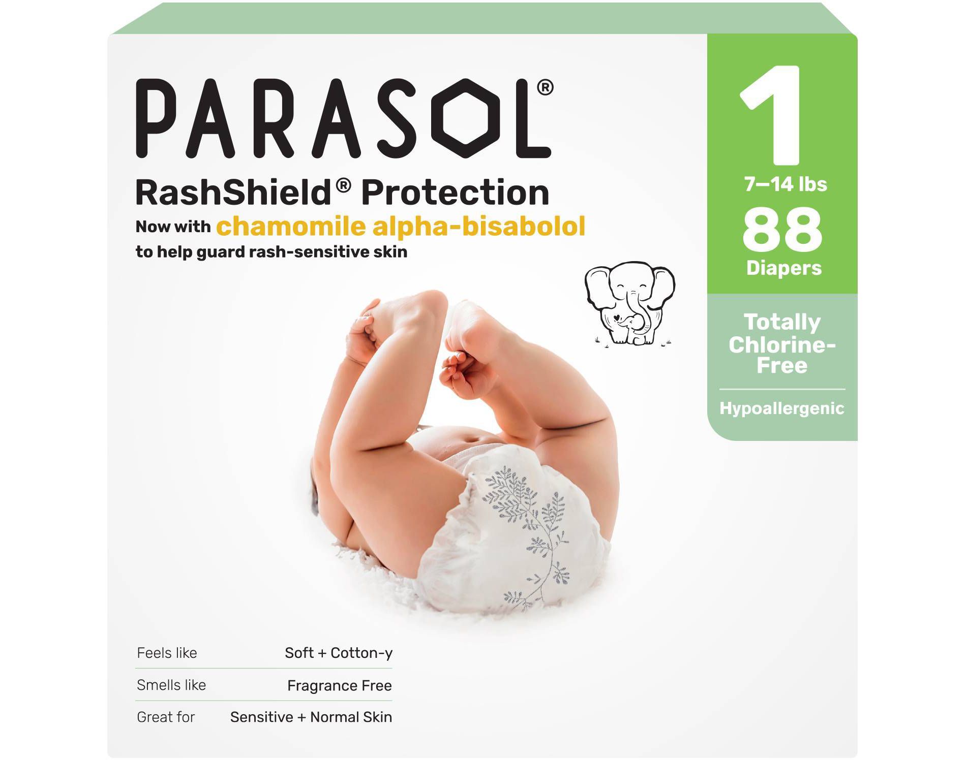 Parasol Chlorine-Free Diapers with RashShield Protection - Size 1 - 88ct