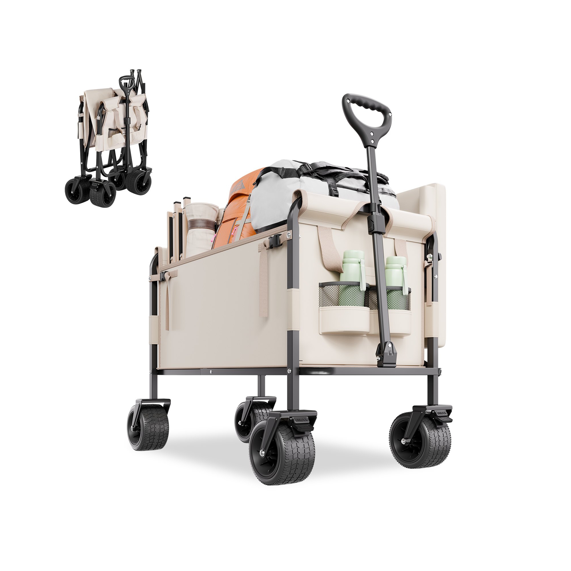 Collapsible Folding Wagon Cart with 550lb Capacity, 2-in-1 Convertible Bench for Camping and Beach