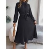 Women Pleated Dress Long Sleeve Stand Up Collar A-Line Flowing Dress With Belt - 4 of 4