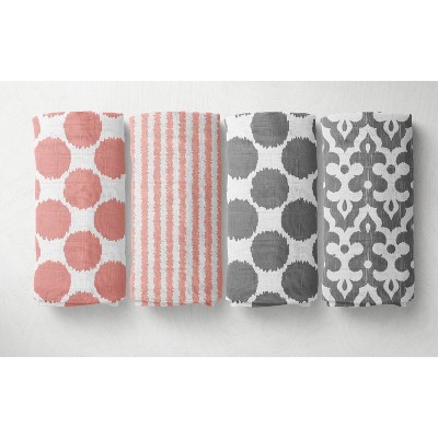 Bacati - Ikat Coral/Gray Dots/Stripes Swaddling Muslin Blankets set of 4
