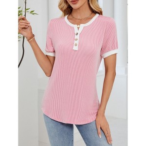 Women's Henley Short Sleeve Top Contrast Trim Ribbed Knit T Shirt - 1 of 4
