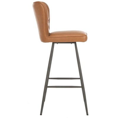 Camel Leather Tufted Transitional Bar Stool with Metal Legs, 46"