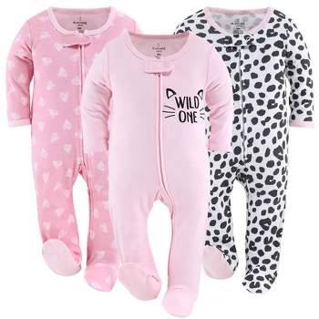 The Peanutshell Footed Baby Sleepers for Girls, Cheetah & Pink Hearts, 3-Pack, Newborn to 12 Month Sizes