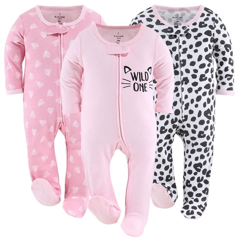 The Peanutshell Footed Baby Sleepers for Girls, Cheetah & Pink Hearts, 3-Pack, Newborn to 12 Month Sizes, 1 of 8