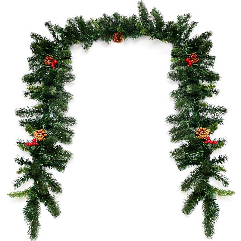 Costway 9Ft Pre-lit Artificial Christmas Garland Red Berries w/ 100 LED Lights & Timer, 3 of 11
