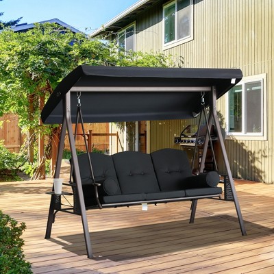 Black Steel Outdoor Patio Swing with Cushions and Canopy