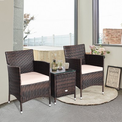 Beige PE Rattan Wicker 3-Piece Outdoor Furniture Set with Cushions