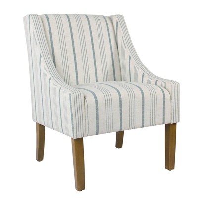 Striped Fabric Upholstered Accent Chair with Wooden Legs White - Benzara