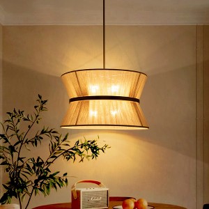 Rennnsan Mossen 23" W 8 -Light Woven Ratten Dimmable Bohemian Drum Shaded Chandelier in White & Black - 1 of 4