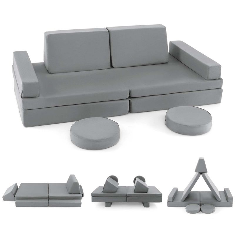 Costway 10 PCS Kids Play Sofa Set Modular Convertible Foam Folding Couch Toddler Playset Blue/Grey/Green, 1 of 10