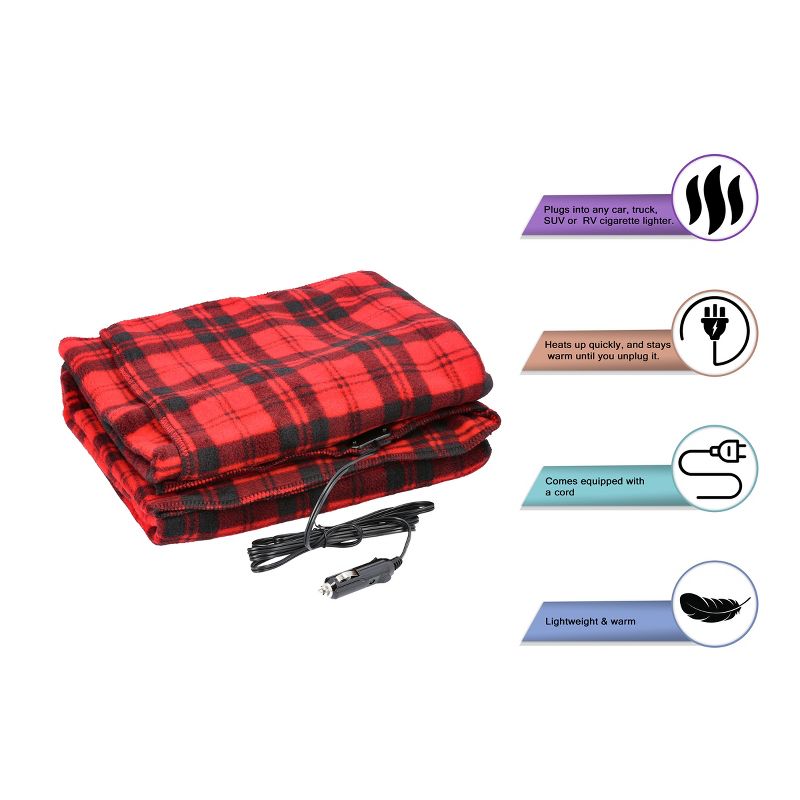 Heated Car Blanket - 12-Volt Electric Blanket for Car, Truck, SUV, or RV - Portable Heated Throw - Camping Essentials by Stalwart (Red Plaid), 3 of 7