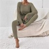 Clotth Women's Solid Color Ribbed Knit Set - Off Shoulder Long Sleeve Top and Leggings with Belt, Casual Loungewear, Green - 4 of 4