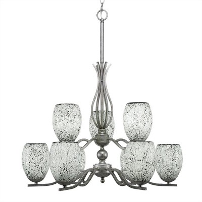 Toltec Lighting Revo 9 - Light Chandelier in  Aged Silver with 5" Black Fusion Shade