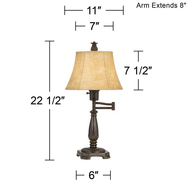 Regency Hill Traditional Accent Table Lamp Swing Arm 22.5" High Bronze Metal Faux Leather Bell Leather Shade for Living Room Family Bedroom, 4 of 8