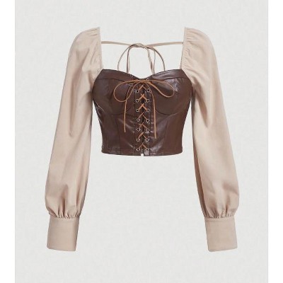 TIME HOLLOW Colorblock Lace-Up Front Pu Leather Blouse