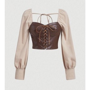 TIME HOLLOW Colorblock Lace-Up Front Pu Leather Blouse - 1 of 3