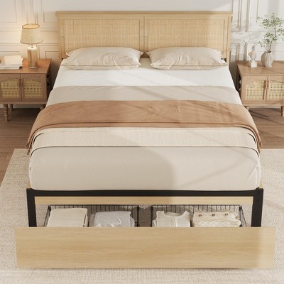Full/Queen/King Platform Bed Frame, Full/Queen/King Size Bed Frame with Natural Rattan Headboard