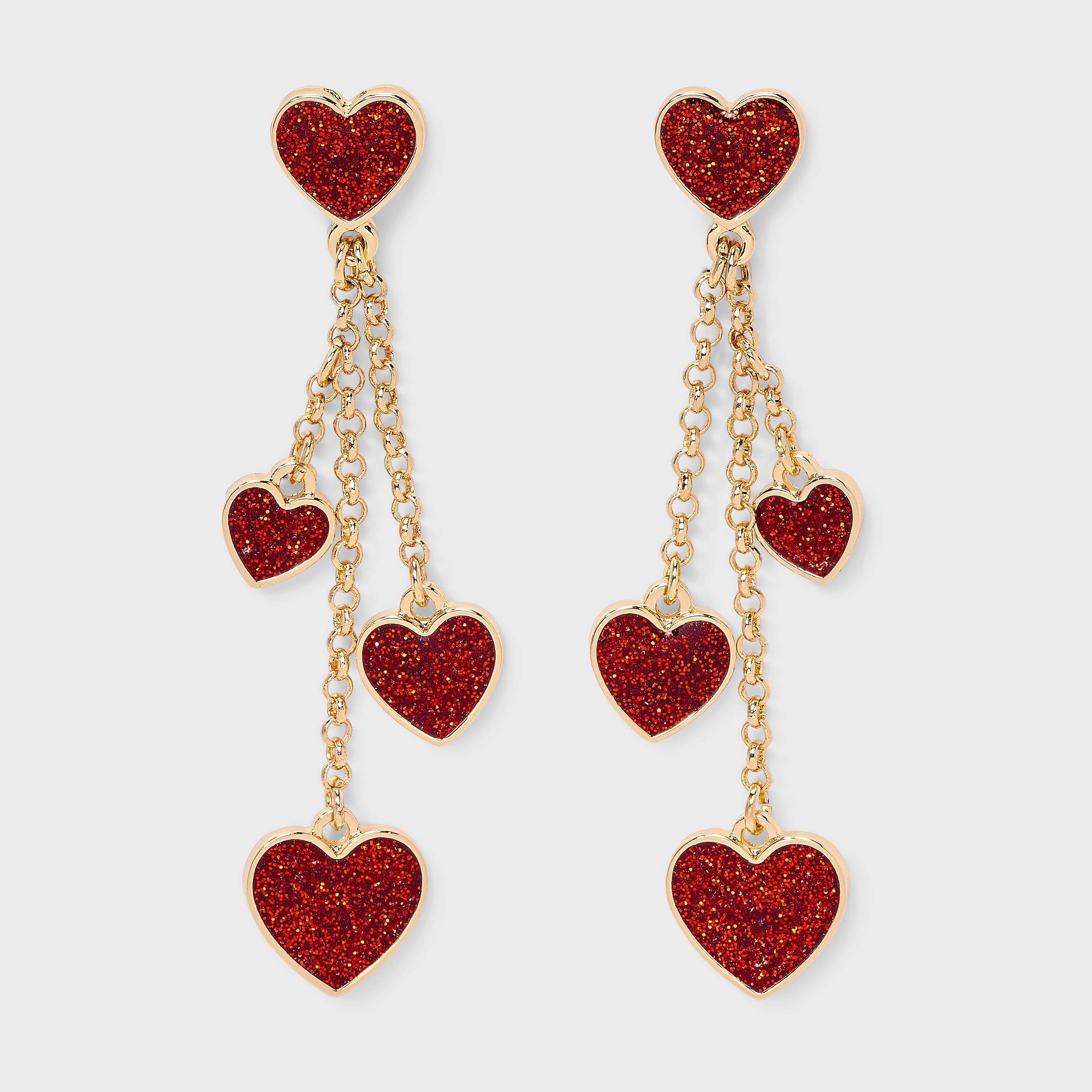 Valentines Glitter Heart Post Drop Earring - Red