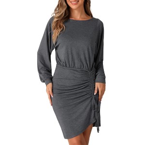 Allegra K Women's Ruched Drawstring Elastic Waist Crew Neck Long Sleeve Mini Dress - 1 of 4