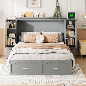 Queen/Full Size Murphy Bed Wall Bed with Drawer, 2 Storage Cabinets, One set of Sockets & USB Ports 4B -ModernLuxe - 1 of 4