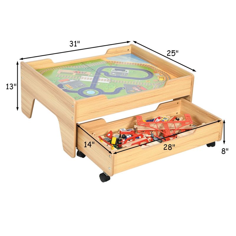 Costway Wooden Kids Train Track Railway Set Table w/100 Pieces Storage Drawer, 2 of 13
