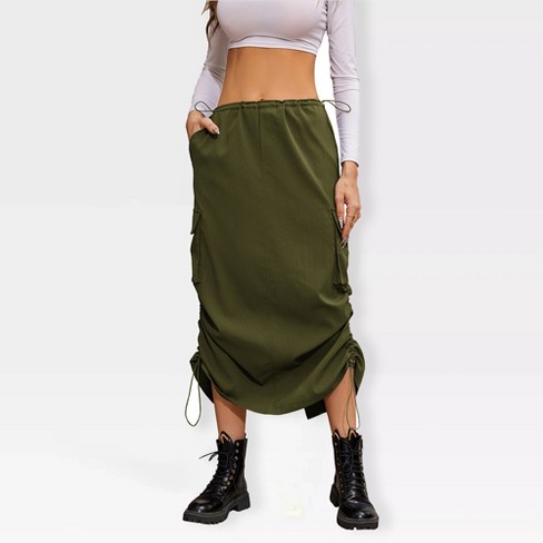 Womens Cargo Skirts Side Ruched Drawstring Skirts with Side Pockets Slit Skirts Long Cargo Skirts Army Green S