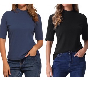 INSPIRE CHIC Women's Half Sleeve Casual Turtleneck Solid Elastic Soft T-Shirts 2 Packs - 1 of 4