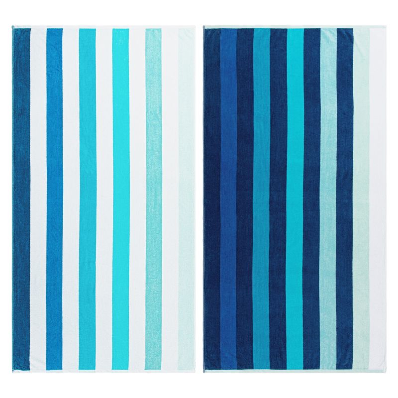 Coastal Blues Cotton Oversized Reversible Beach Towel Set of 2 by Blue Nile Mills, 1 of 9