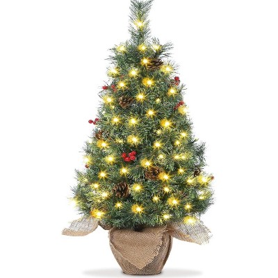 homfan Pre-Lit Small Artificial Mini Christmas Tree, Christmas Tree Prelit with Vintage Potted Base, , Home Decor Indoor for Bedroom, Fireplace