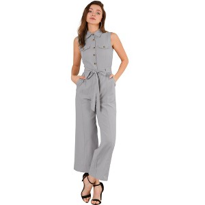 Allegra K Women's Button Down Collared Wide Leg Tie-Waist Sleeveless Cargo Jumpsuits - 1 of 4