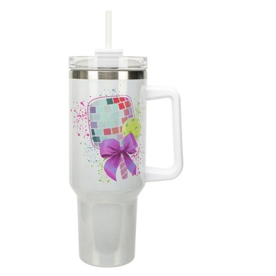 Elanze Designs Pickleball Paddle & Bow Paint Splatter Coquette 40 Oz. Stainless Steel Water Bottle Coffee Mug, Spill & Leak Resistant, Travel Tumbler