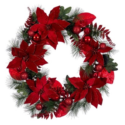Vickerman Poinsettia Ball and Fern Decorated Wreath