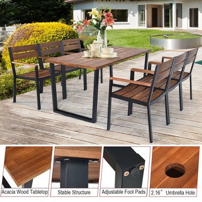 Costway 6-Person Acacia Wood Patio Dining Set with Umbrella Hole