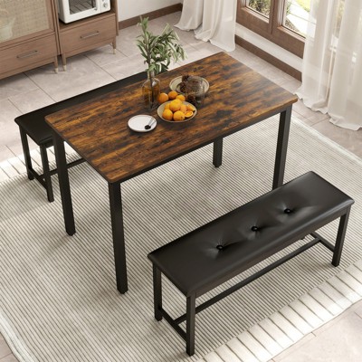 Aukfa Dining Table Set for 4, Wood Kitchen Table & Chair with 2 Upholstered Benches for Breakfast Nook and Small Space, Brown