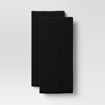 2pk Cotton Solid Ribbed Terry Kitchen Towels Black - Project 62&#8482;