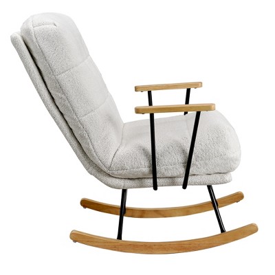 VECELO Upholstered Teddy Fabric Rocking Chair Modern Lounge Rocker Recliner with Adjustable Backrest, Padded Seat White/Pink