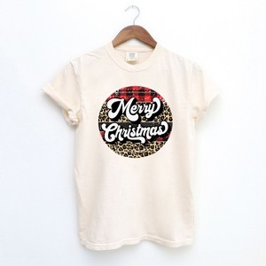 Simply Sage Market Women's Buffalo Plaid Leopard Merry Christmas Short Sleeve Garment Dyed Tee - 1 of 3