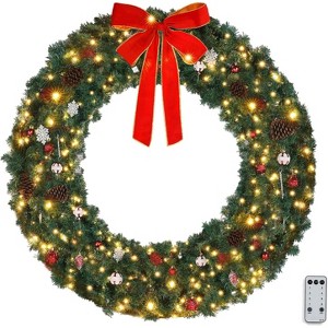 VINGLI 60" Pre-lit Outdoor Christmas Wreath with 220 LEDs, Remote & Timer. Includes Bow & Decorations - 1 of 4