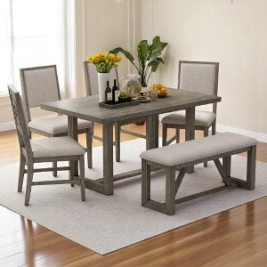6-Piece Dining Table Set for 6, 60" Wooden Kitchen Table with 4 Chairs & Bench, Solid Rubberwood Frame, Perfect for Dining Room & Kitchen - 1 of 4