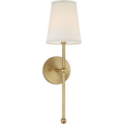 Possini Euro Design Modern Wall Lamp Warm Brass Hardwired 21" High Fixture Cream Linen Shade Bedroom Reading Living Room Hallway