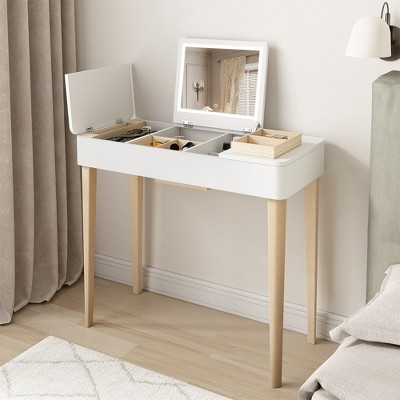 Makeup Vanity Desk With Flip-top Mirror, Solid Wood Legs, Vanity Mirror With Lights, Vanity Dressing Table With Storage Space