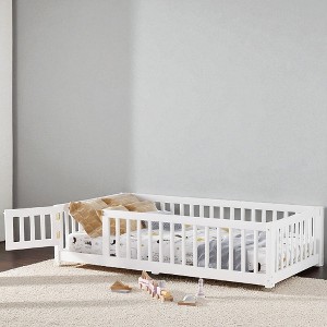 Mshliw Twin/Full/Queen Size Kids Floor Bed with Safety Guardrails and Door, Montessori Style Wooden Platform Bed Frame for Toddlers, Children Bedroom - 1 of 4