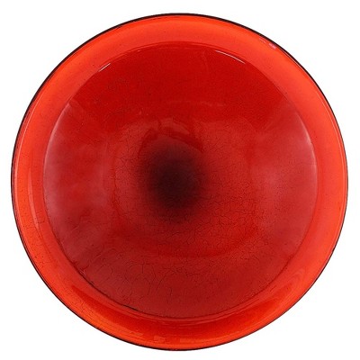 Red Hand Blown Crackle Glass Birdbath with Wrought Iron Stand