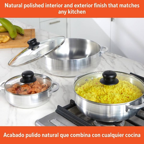 Juego de 3 Calderos Básicos IMUSA con Tapa de Vidrio: Utensilios de Aluminio, 6 Piezas, Compatibles con Eléctrica y Gas, Lavar a Mano 3