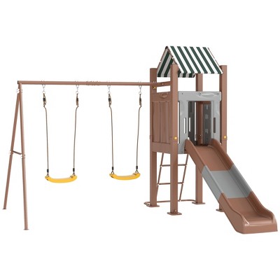 Qaba Kids Swing Set for Backyard, Playground Set with 6 FT Slide, 2 Adjustable Swings, Fort with Canopy, Ground Stakes for Ages 3-8, Brown