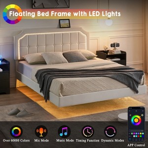 COZONY Floating Queen Bed Frame with Adjustable Headboard and Ambient Lighting, Upholstered Platform Bed with Metal Support - 1 of 4