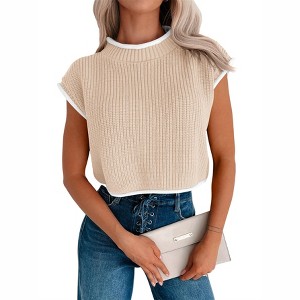 Clearlove Womens Summer Cropped Sweater Vest Trendy Cap Sleeve Crop Tops Crew Neck Loose Knit Tank Top - 1 of 4